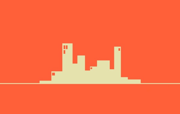 Силуэты зданий, оранжевый фон