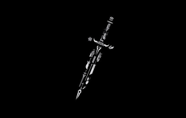 Меч из элементов разных игр, черный фон