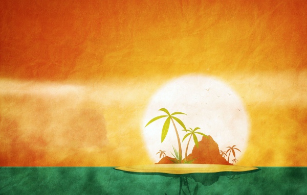 Тропический остров, оранжево зеленый фон