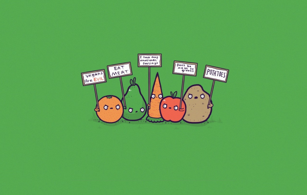 Овощи проводят митинг, зеленый фон