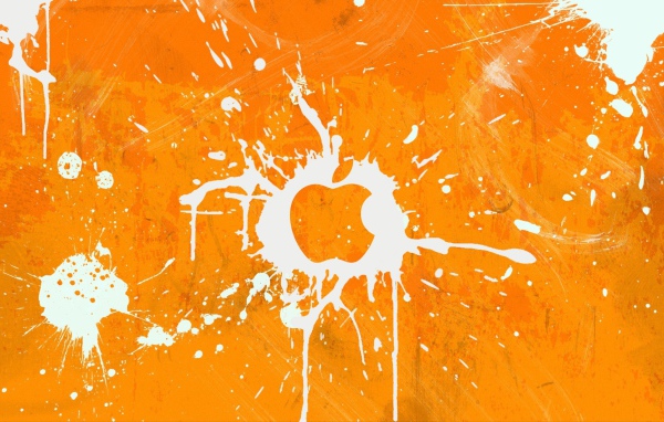 Логотип Apple Inc, всплески на оранжевом фоне