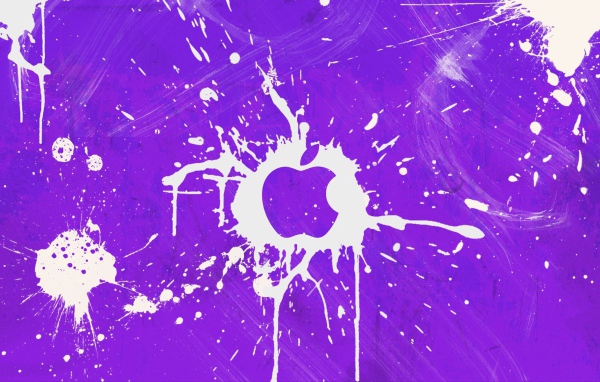 Логотип Apple Inc, всплески на фиолетовом фоне