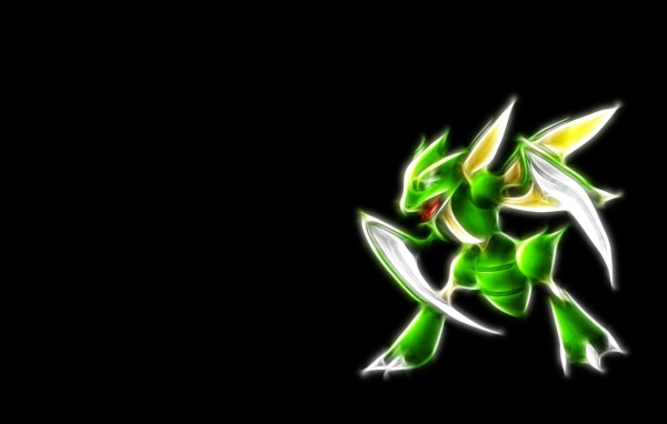 Зеленый покемон Фракталиус на черном фоне
