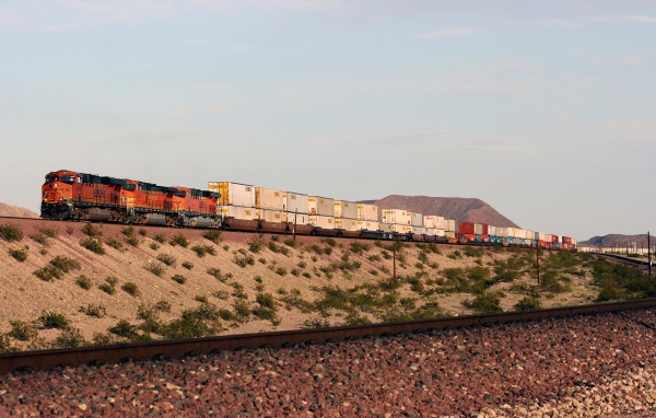 Грузовой поезд перевозит контейнеры