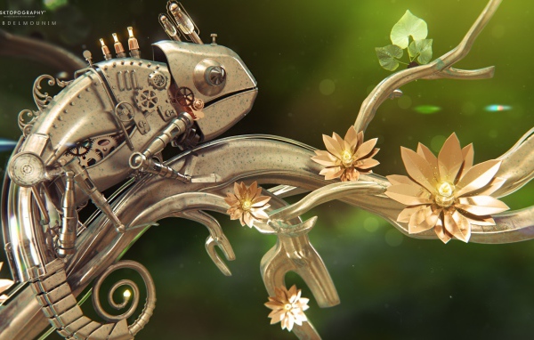 Металлический хамелеон на железной ветке