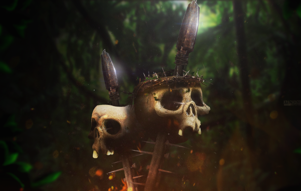 Черепа на копьях в джунглях