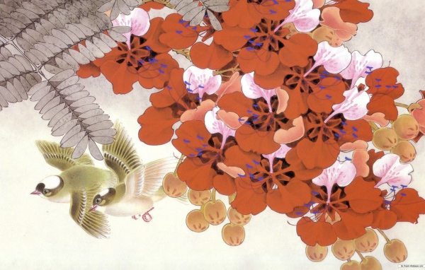 Птицы среди красных цветов, японская живопись