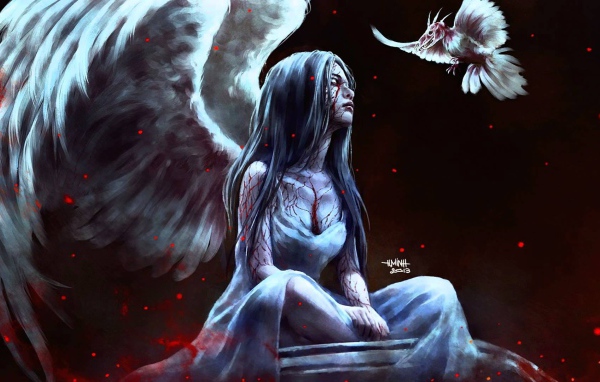 Фентези птица подлетела к девушке, художник NanFe