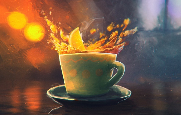 Долька апельсина падает в чашку, рисунок