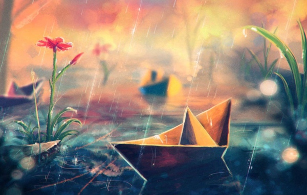 Бумажный кораблик под дождем, рисунок