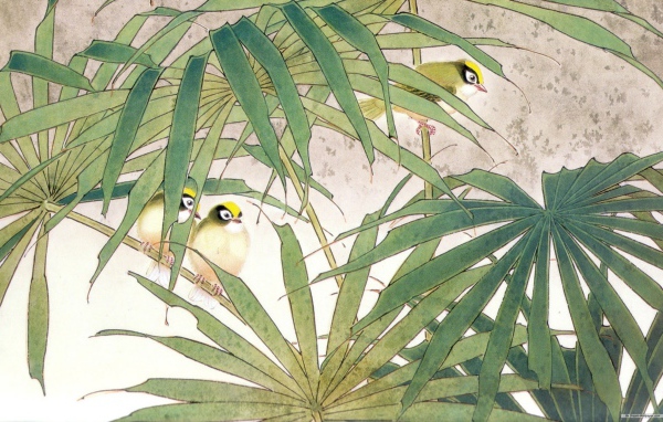 Семья птиц в зарослях, японская живопись