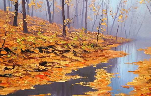 Желтые листья в ручье, картина