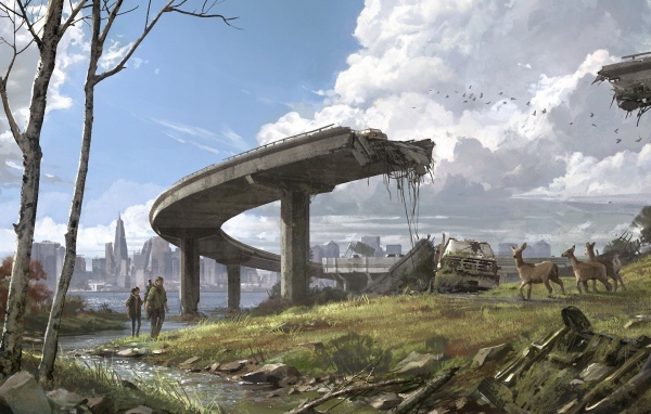 Стадо оленей у руин эстакады