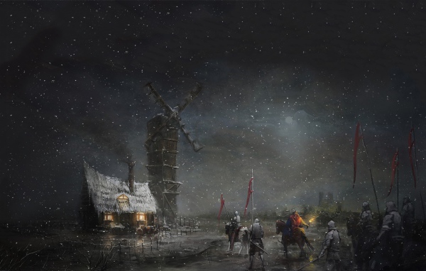 Отряд солдат у ветряной мельницы