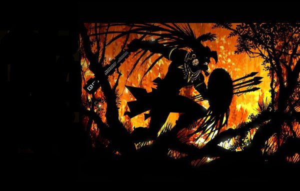 Воин ацтек в горящем лесу