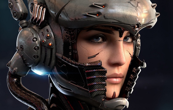 Голубоглазая девушка киборг в шлеме