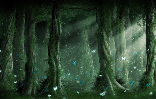 Голубые бабочки в волшебном лесу