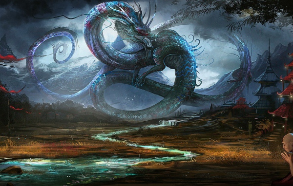 Буддист молится на фоне дракона