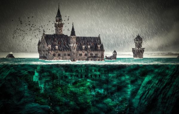 Замок тонет в воде всемирного потопа