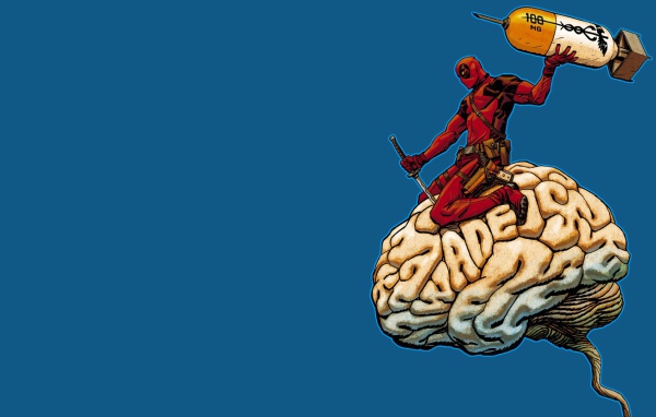 Дэдпул на мозге, голубой фон