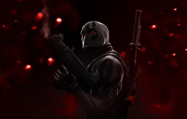 Злой персонаж Дэдпул на красном фоне