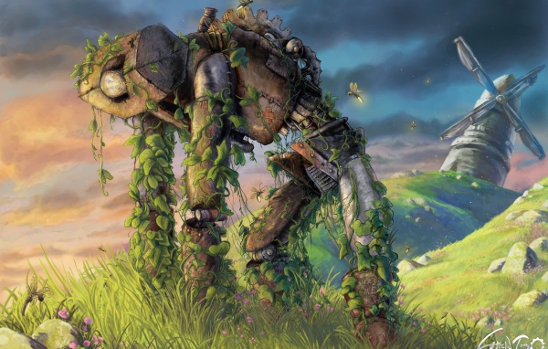 Поросший травой старый робот