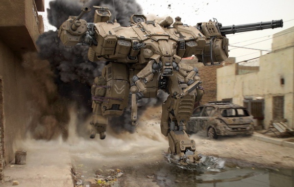 Тяжелый боевой робот бежит по улице