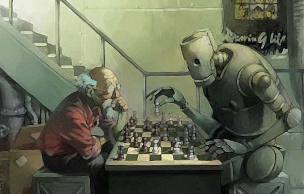 Робот играет в шахматы с пожилым мужчиной