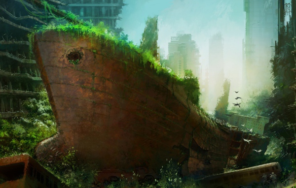 Ржавый корабль среди руин небоскребов