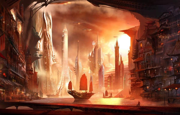 Парусник в азиатском городе будущего