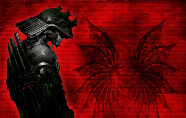 Самурай в доспехах на красном фоне