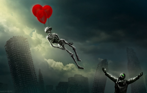 Скелет улетает на воздушных шариках