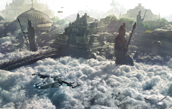 Космический корабль перед храмом развитой цивилизации