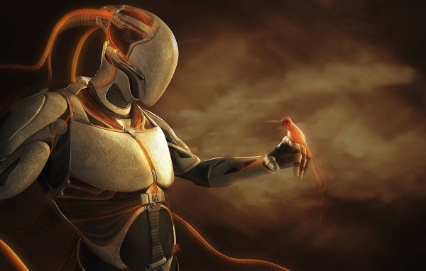 Птица на руке робота пришельца