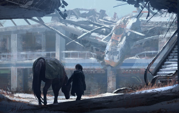 Девушка с лошадью в руинах аэропорта