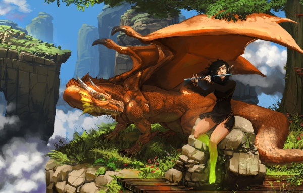 Парень играет на флейте для дракона