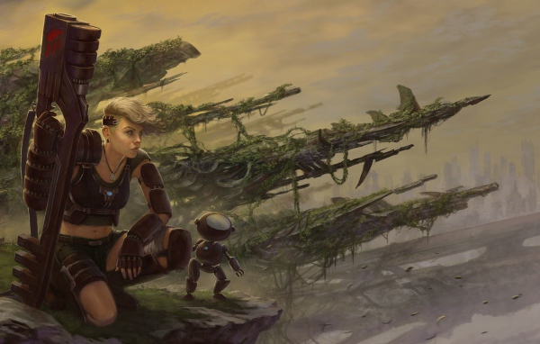 Девушка солдат с роботом помощником