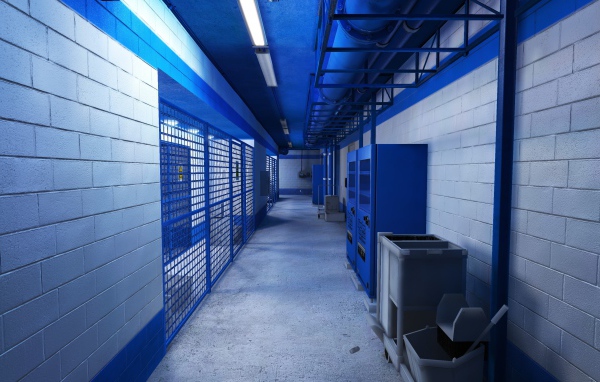 Голубой интерьер подвала, игра Mirror's Edge