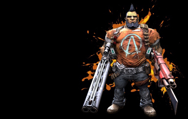 Персонаж игры Borderlands 2 с оружием на черном фоне