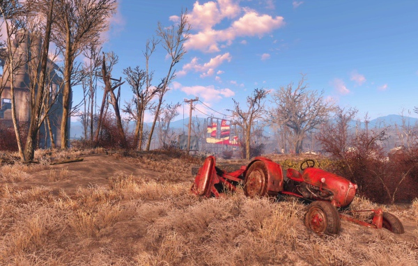 Разбитый трактор в поле, игра Fallout 4