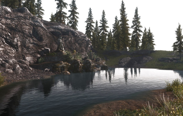 Озеро у камня в игре The Elder Scrolls V Skyrim