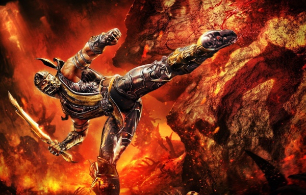 Скорпион на фоне огня в игре Mortal Kombat