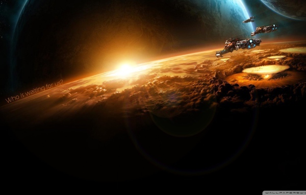 Космические корабли бомбят планету в игре Starcraft II