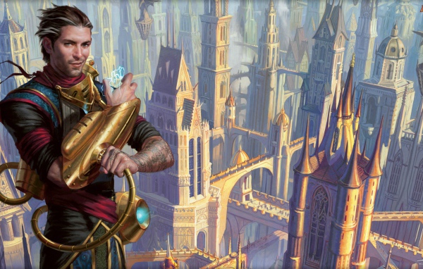 Герой игры Magic the Gathering на фоне города