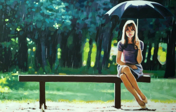 Девушка на скамье под зонтом