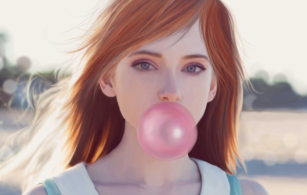 Рыжая девушка с розовой жевачкой