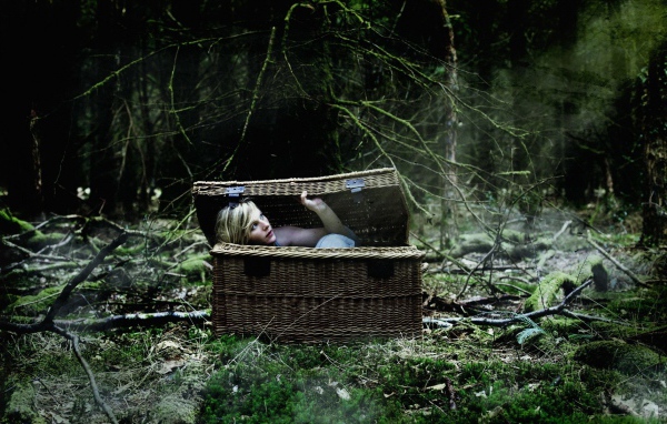 Блондинка в корзине в лесу