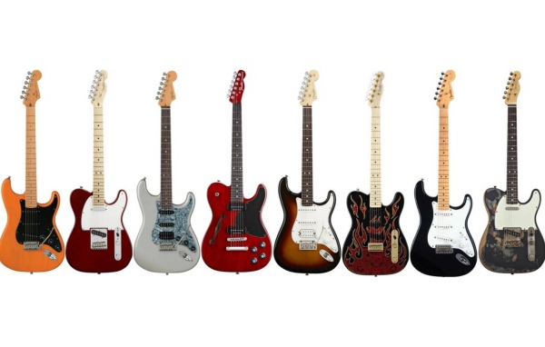 Разные гитары на белом фоне