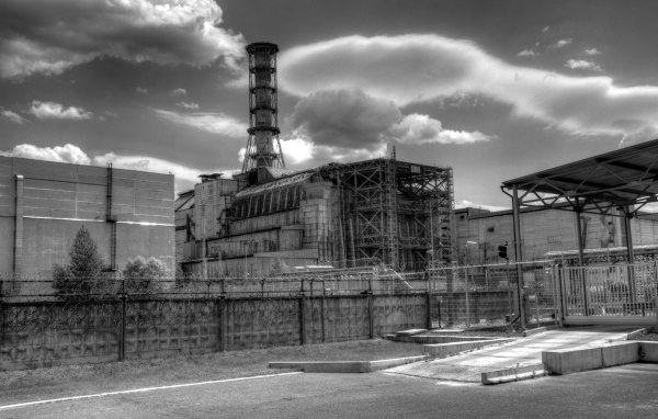 Black and white photo of the reactor in Chernobyl