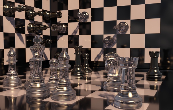 Шахматная доска с прозрачными шахматными фигурами 3д графика